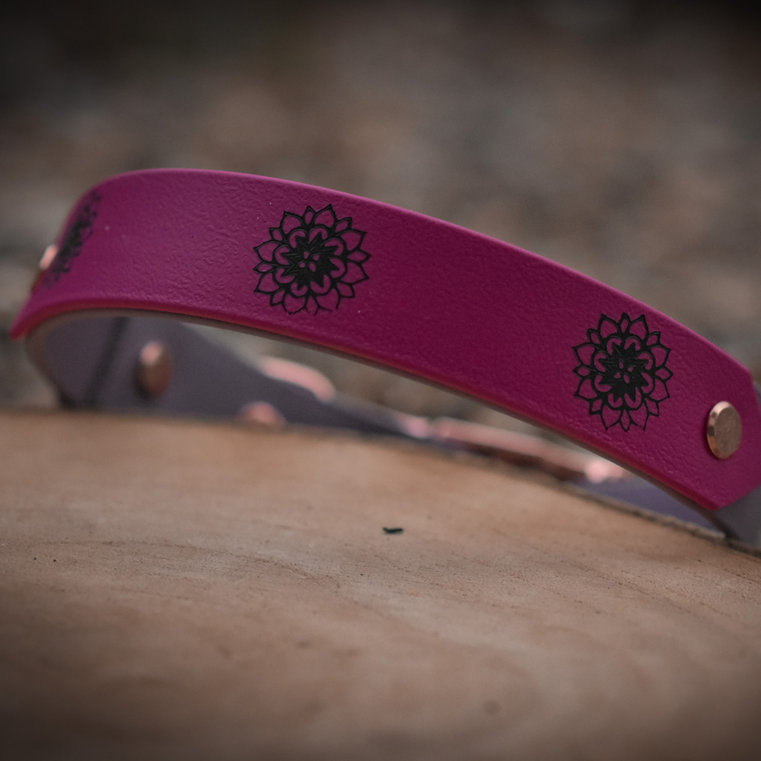 Pink and black dog collar with flowers